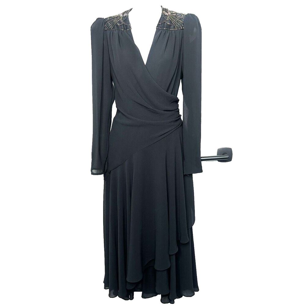 Casadei VTG 80s Chiffon Beaded V Neck Wrap 1982 Dress S Retro Victorian